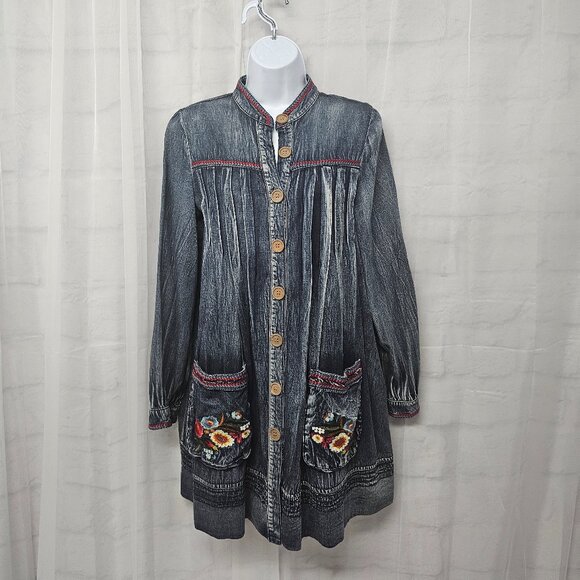 Keer Qiaowa Blue Embroidered Tunic Chambray Blouse Boho Weathered Festival L - Picture 1 of 12
